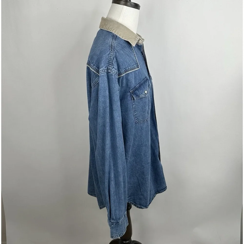 Men's GAP NWT Pearl Snap Denim Shirt XL Medium Wash Corduroy Collar Long‎ Sleeve